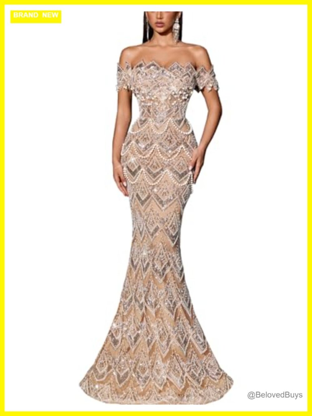 Sequin Beaded Mermaid Formal Evening Gown Off Shoulder Prom Dress